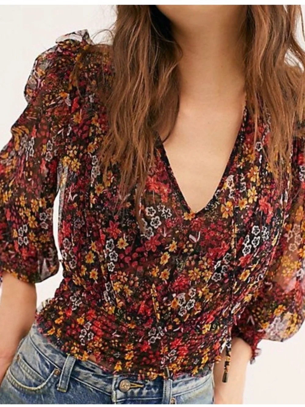 Free People Twyla Sheer Floral Mesh Smocked Blouse Ruffle Shoulder Size L